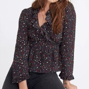 Madewell Black Star Print silk wrap Blouse